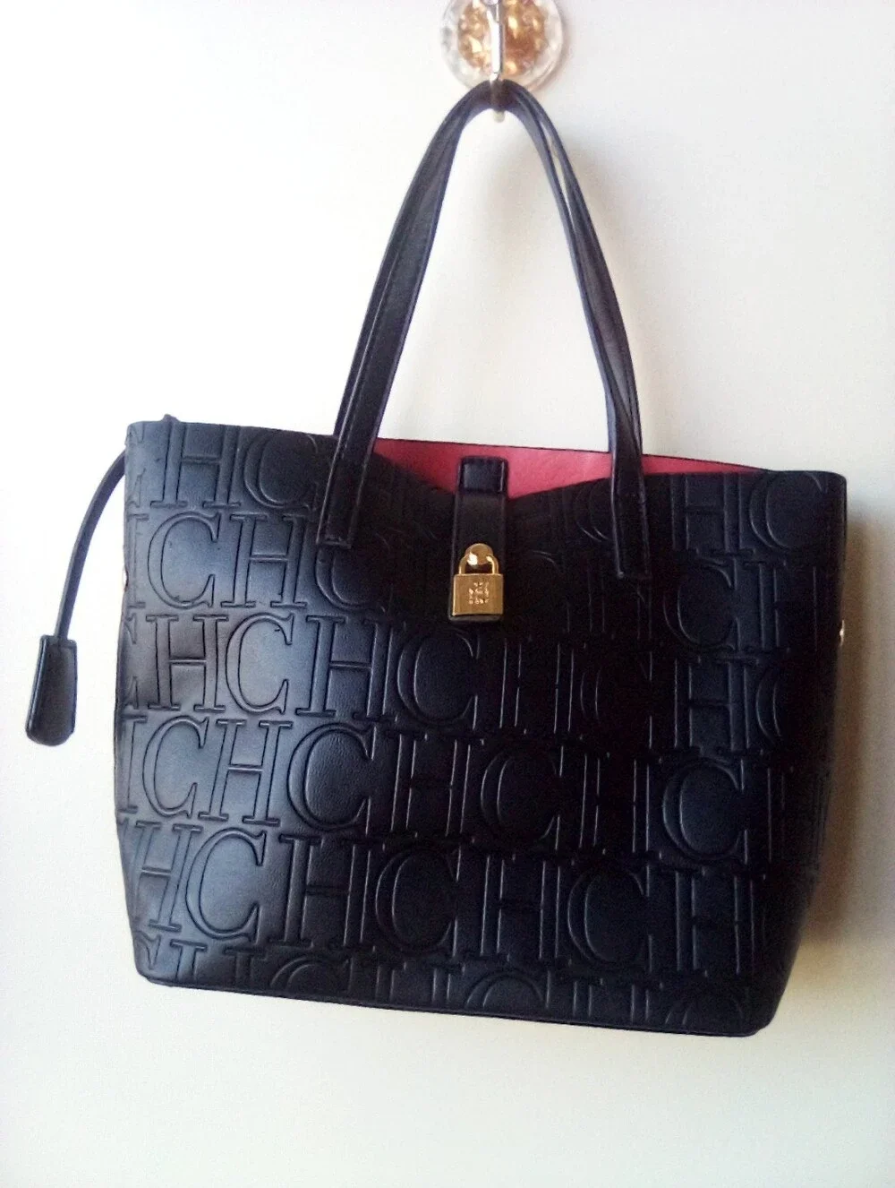 Women’s Embossed CHCH Logo Tote Bag in Black with Red Interior - Picture 2 of 10